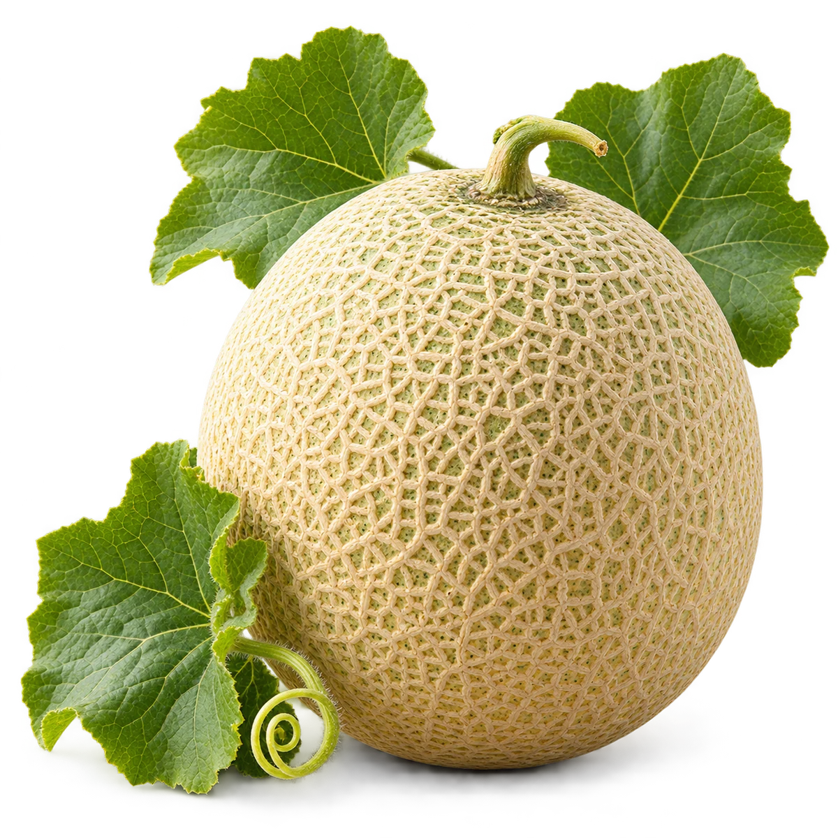 Netted cantaloupe melon with fresh green vine leaves